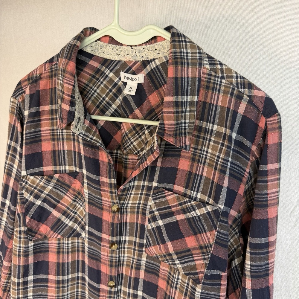 Westport Navy Blue and Pink Button Up Plaid Roll Tab Long Sleeves Plus 2X